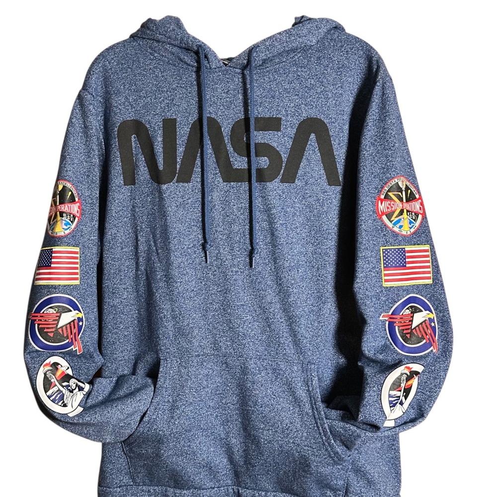 NASA Pullover Hoodie Mens Medium Navy Excellent Mission Patch Sleeve Graphics